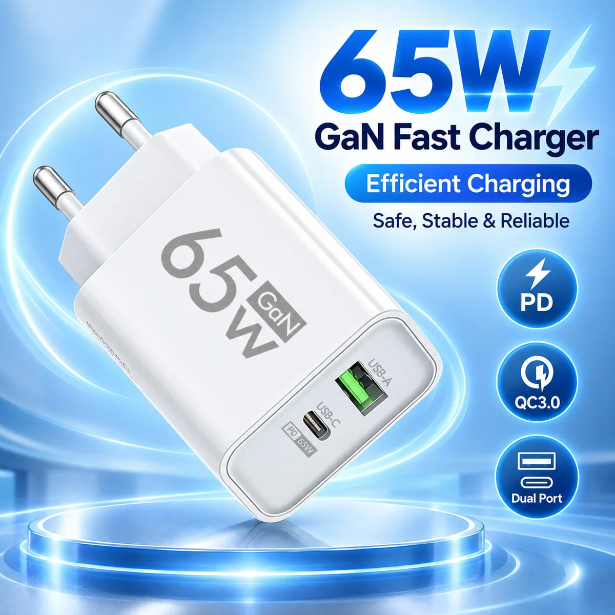 65W GaN USB C Fast Charger Type C Quick Charge Wall Adapter 