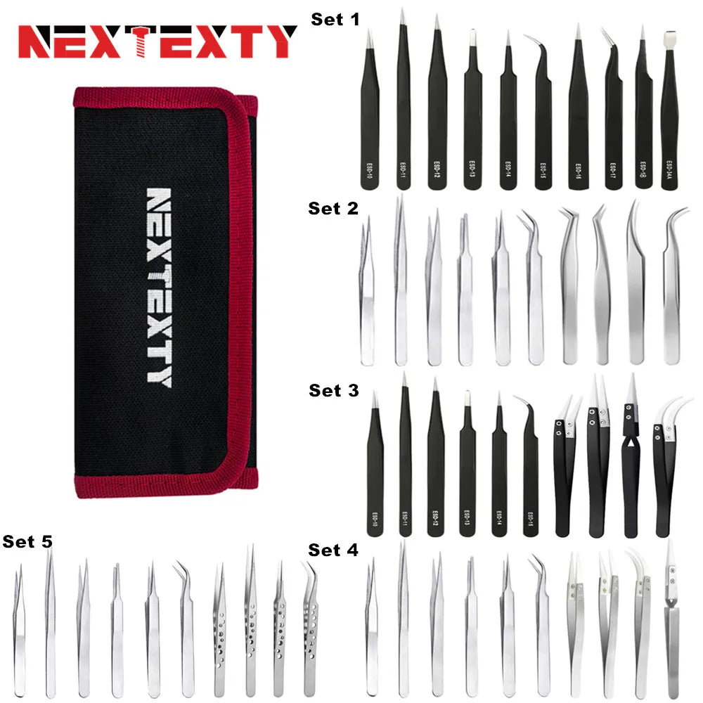 10Pcs Tweezers Set With Bag Industrial Electronic ESD Stainl
