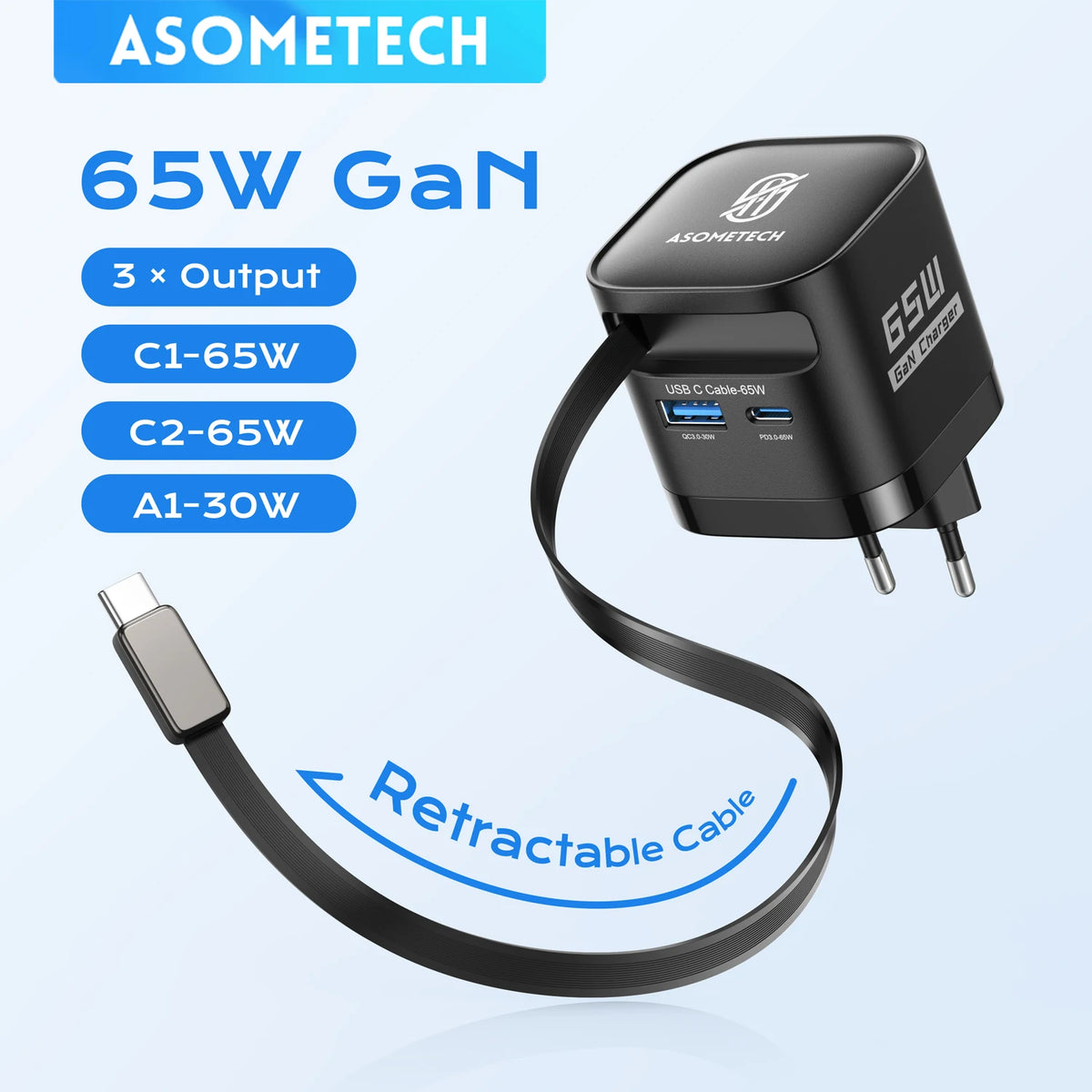 65W GaN USB Charger with Type C Retractable Cable 3 Port QC4