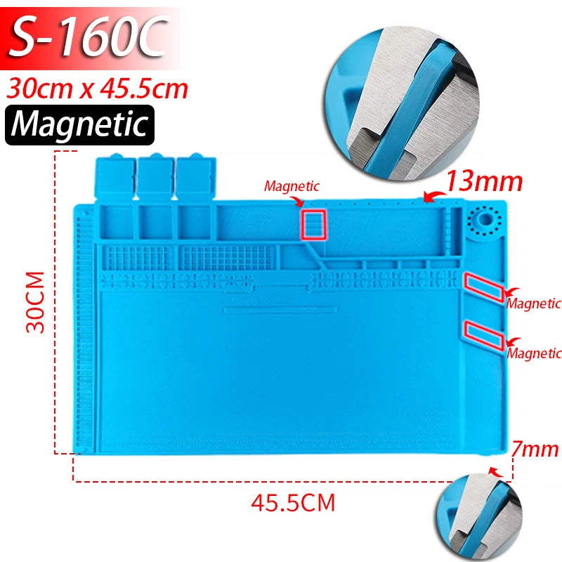 Soldering Station Mat Silicone Work Mat Heat Resistant 932 F Anti-Static Magnetic Mat for Electronic Phone Laptop Watch Repair