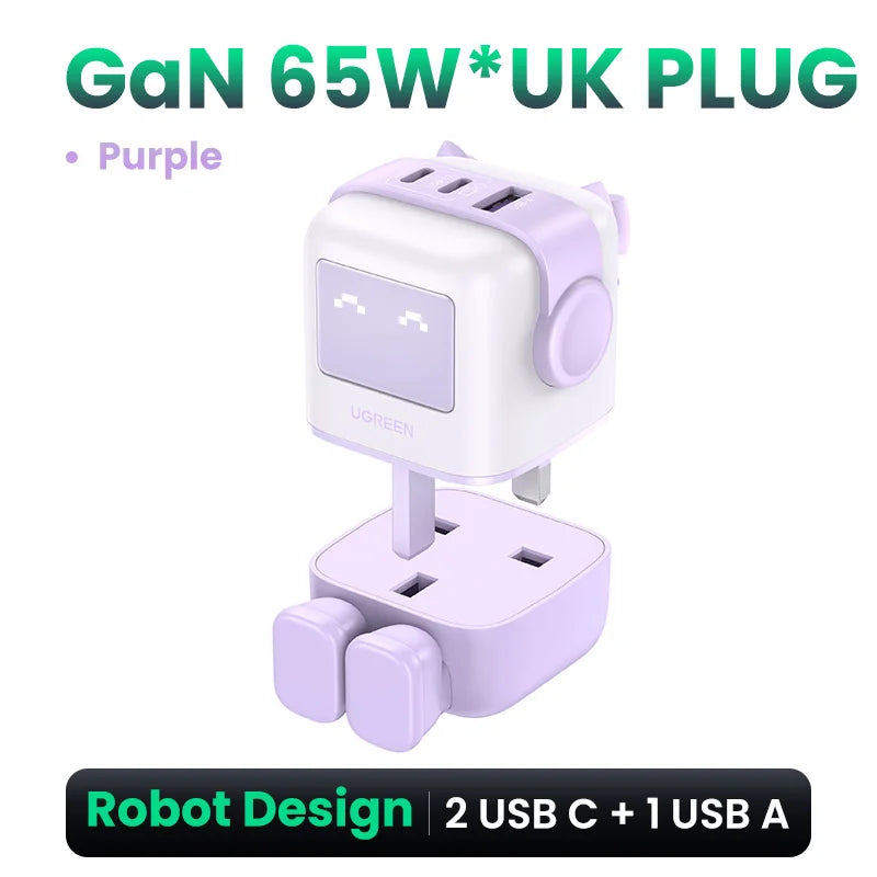 UGREEN 65W GaN Charger Uno Robot Design PD Fast Charger PPS PD3.0 for iPhone 17 16 15 Fast Charge for Xiaomi Laptop Macbook Pro