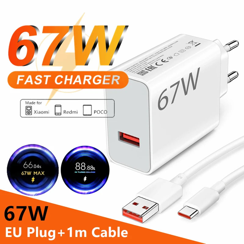 67W 6A Turbo Fast USB Charger For Xiaomi 12 13 14 15 17 Pro Redmi Note 11 12 13 14 Pro POCO X5 X6 X7 Type C Quick Charging Cable