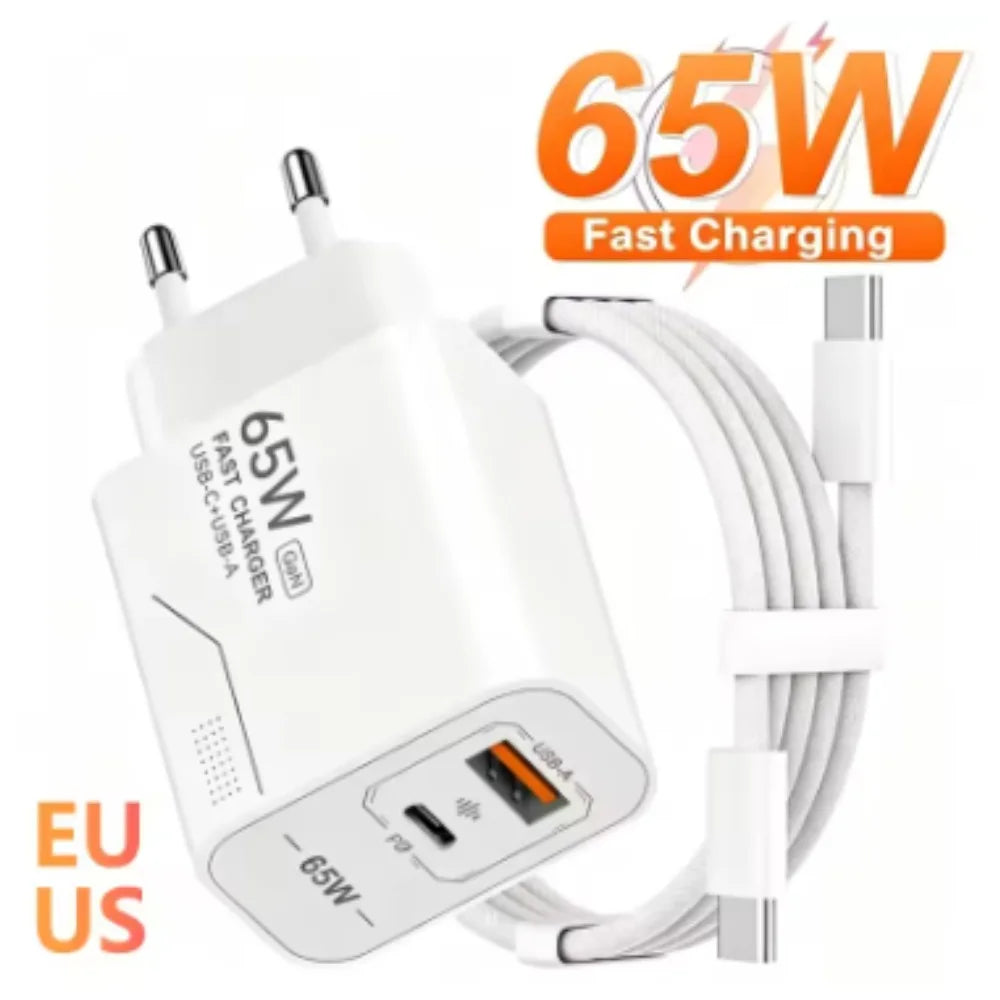 65W USB C GaN Fast Wall Charger PD 3.0 Quick Charge Adapter 