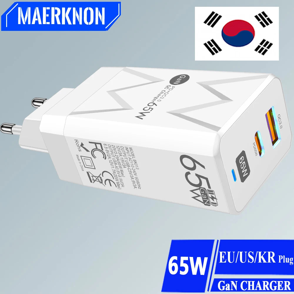 PD 65W GaN Charger for Ipad Laptop USB Type C Super Fast Cha