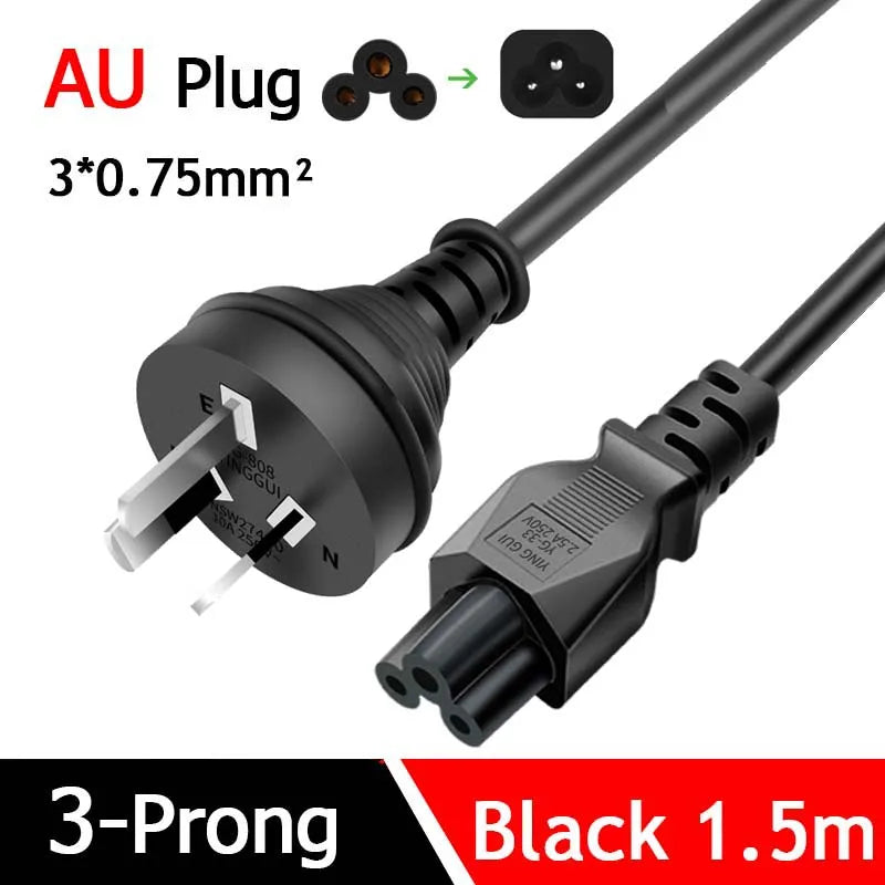 1.5m 3 Prong AC Power Cable EU US AU UK To C5 3 Pin Plug Con