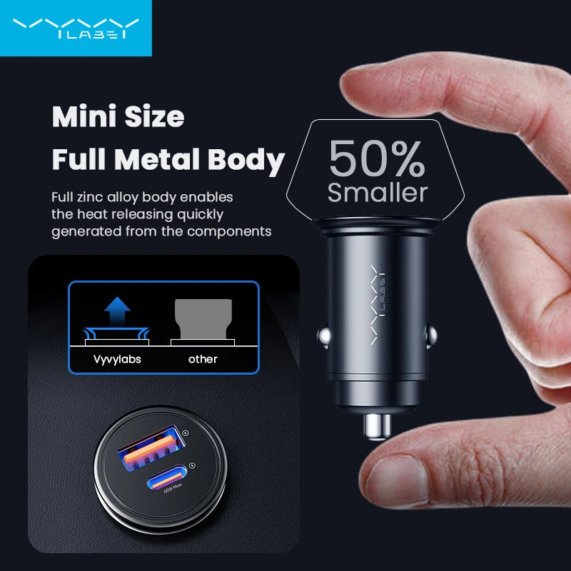 Vyvylabs 65W Car Charger Zinc Alloy Mini USB-A Type-C Fast C