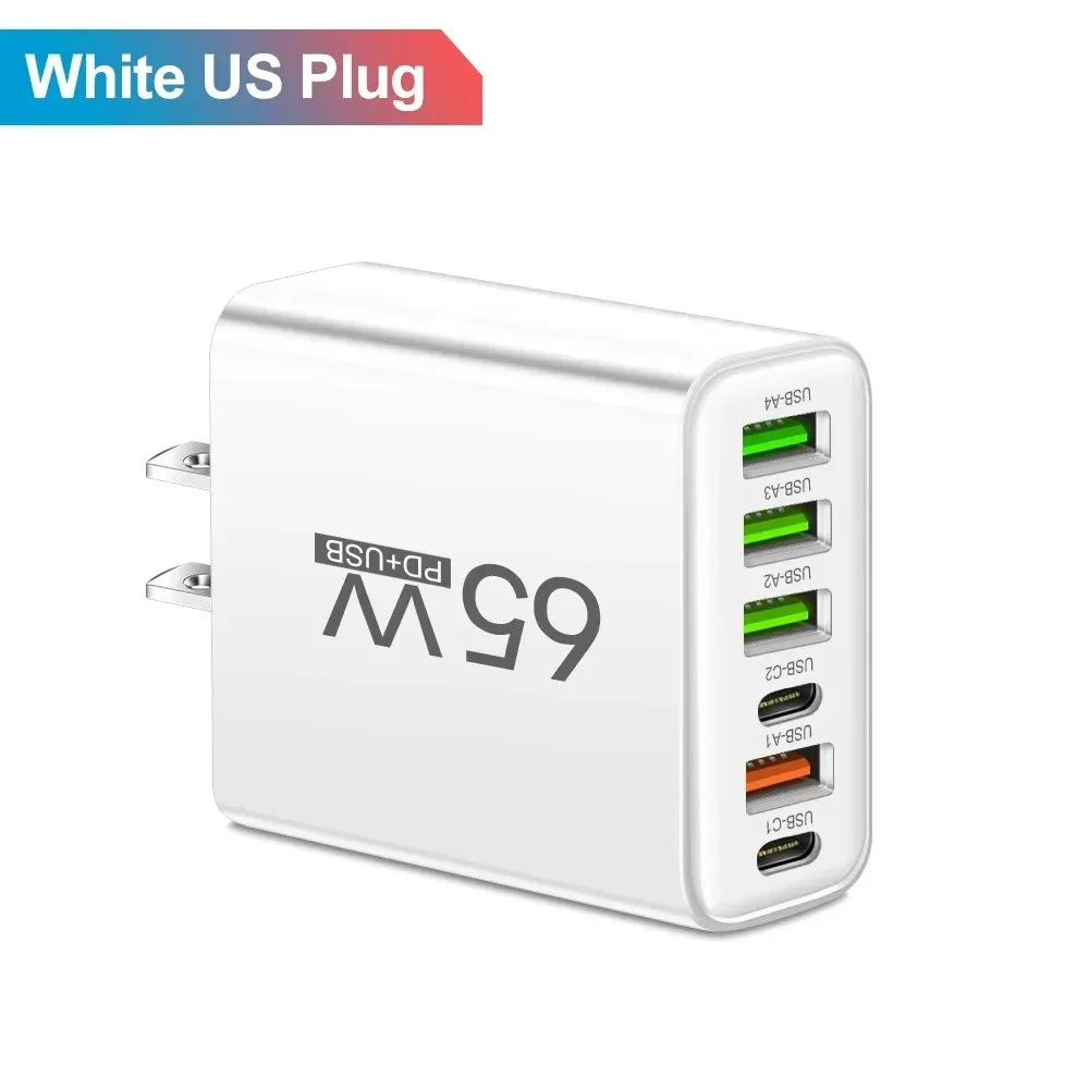 6 Ports 65W USB PD Charger Fast Charging Type C Phone Charger Adapter For iPhone Samsung Xiaomi USB C Quick Charge Wall Charger