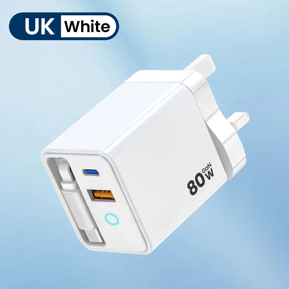 80W USB Charger with Retractable Type C Cable USB C Charger for iPhone 16 15 Huawei iPad Laptop Type C Mobile Phone Fast Charger