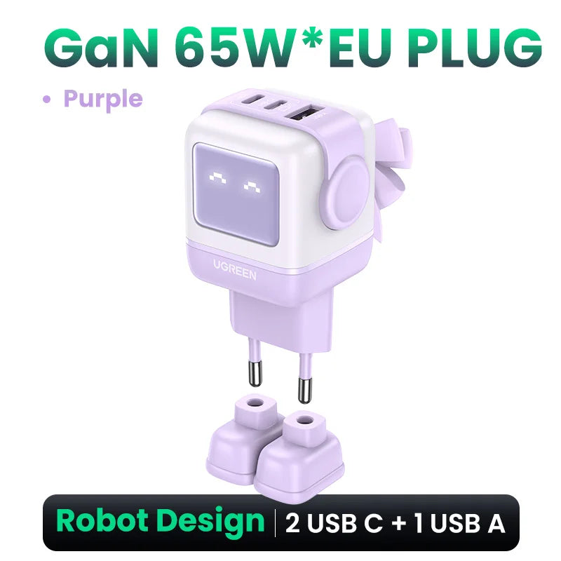 UGREEN 65W GaN Charger Uno Robot Design PD Fast Charger PPS PD3.0 for iPhone 17 16 15 Fast Charge for Xiaomi Laptop Macbook Pro