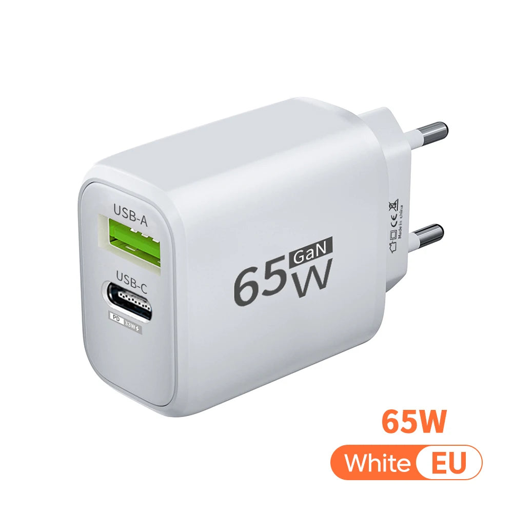 2 in 1 USB C GaN Charger 65W Fast Charging Adapter 10A USB To Type C Data Cable PD + USB QC3.0 Charger for iPhone Samsung Xiaomi
