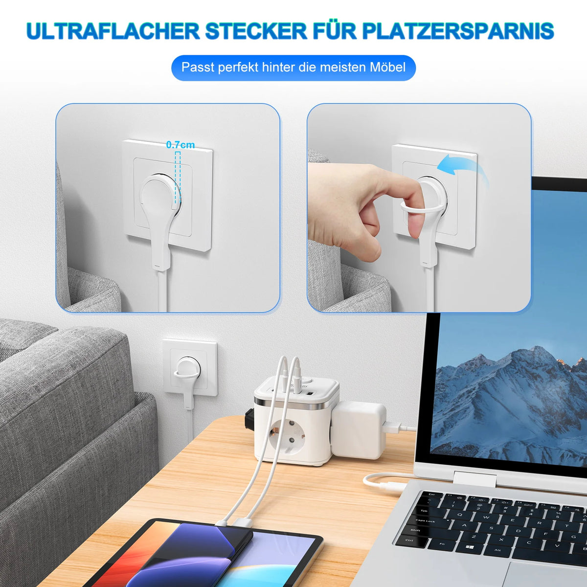 7-in-1 EU Multi-function Power Board Ultra-thin Flat Plug wi