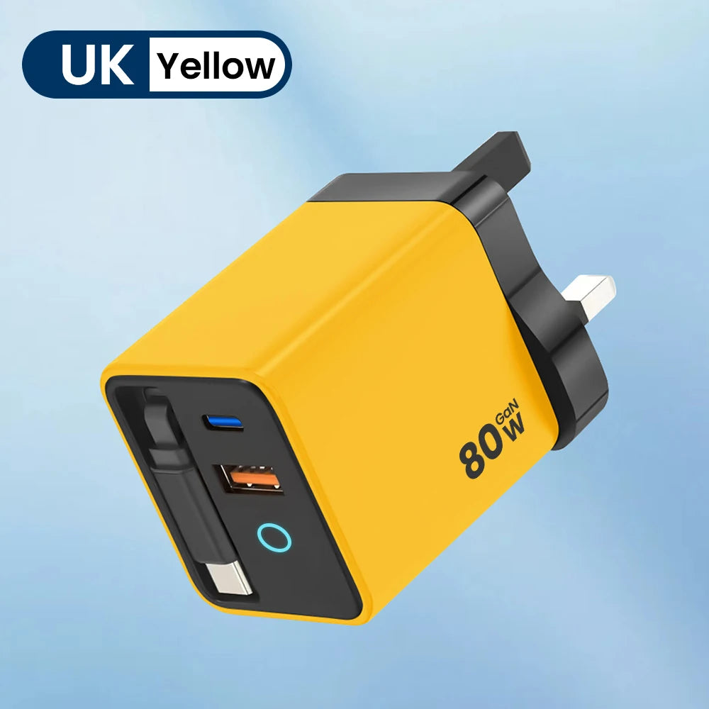 80W USB Charger with Retractable Type C Cable USB C Charger for iPhone 16 15 Huawei iPad Laptop Type C Mobile Phone Fast Charger