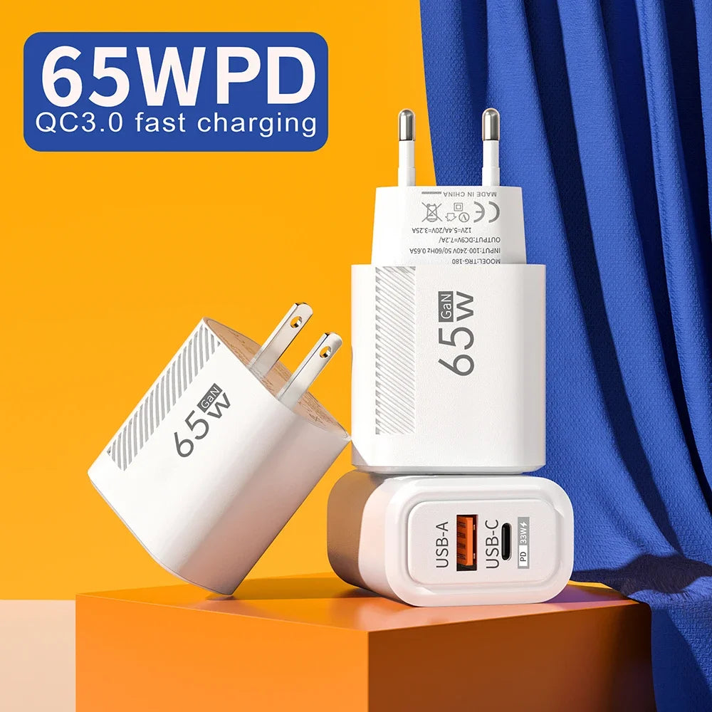 GaN 65W Dual Ports Charger 2 In 1 EU/US Plug USB Type C QC3.
