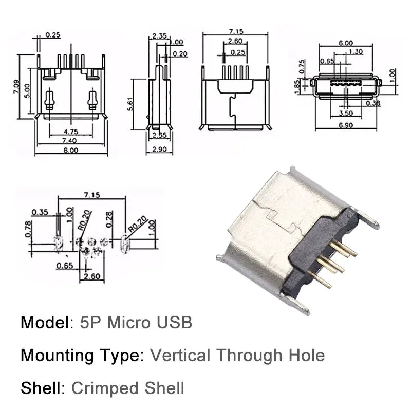 10PCS Micro USB Android Female Charging Socket Flat Edge Crimped Type 5Pin 4 Mounting Pins SMD & DIP Tail Connector
