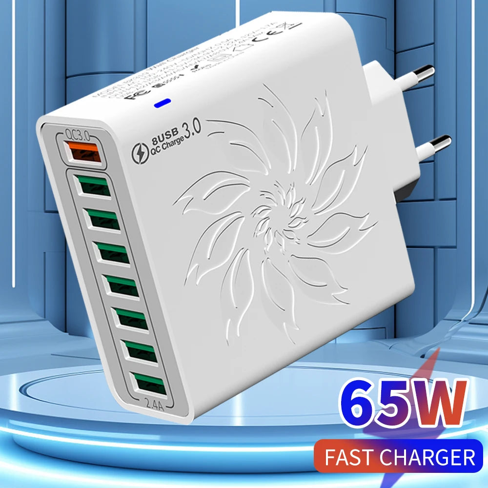 8 Ports USB Charger QC 5.0 Fast Charging EU US KR Plug 65W F