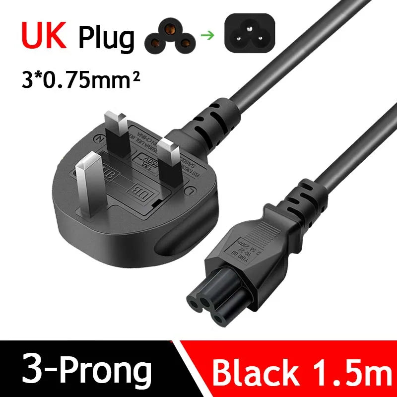 1.5m 3 Prong AC Power Cable EU US AU UK To C5 3 Pin Plug Con