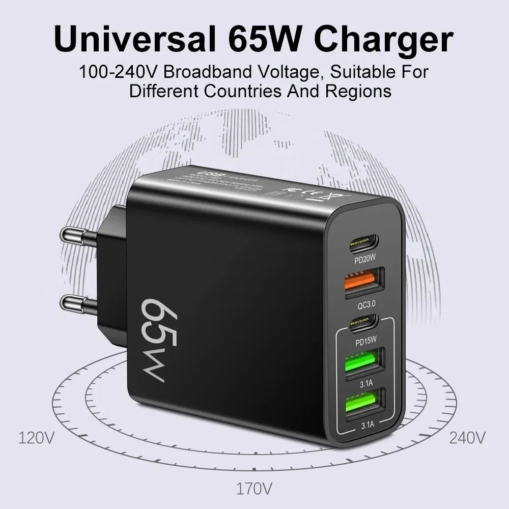 USB Type C Charger Total 65W PD Fast Charging Phone Charger 