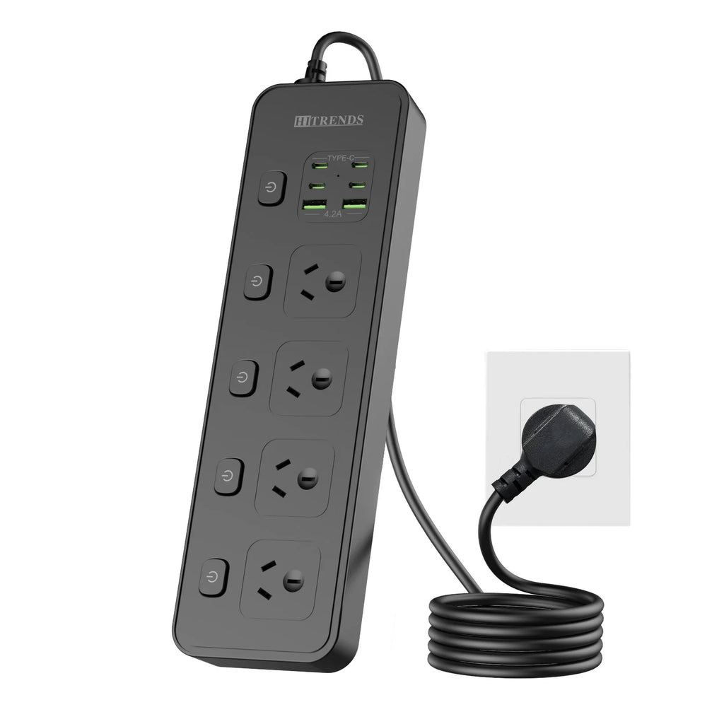 Australian Plug Multi-Functional Power Board 4 Power Sockets 2 USB-A and 4 Type-C Ports 100-250V Independent Switch 2m Cable