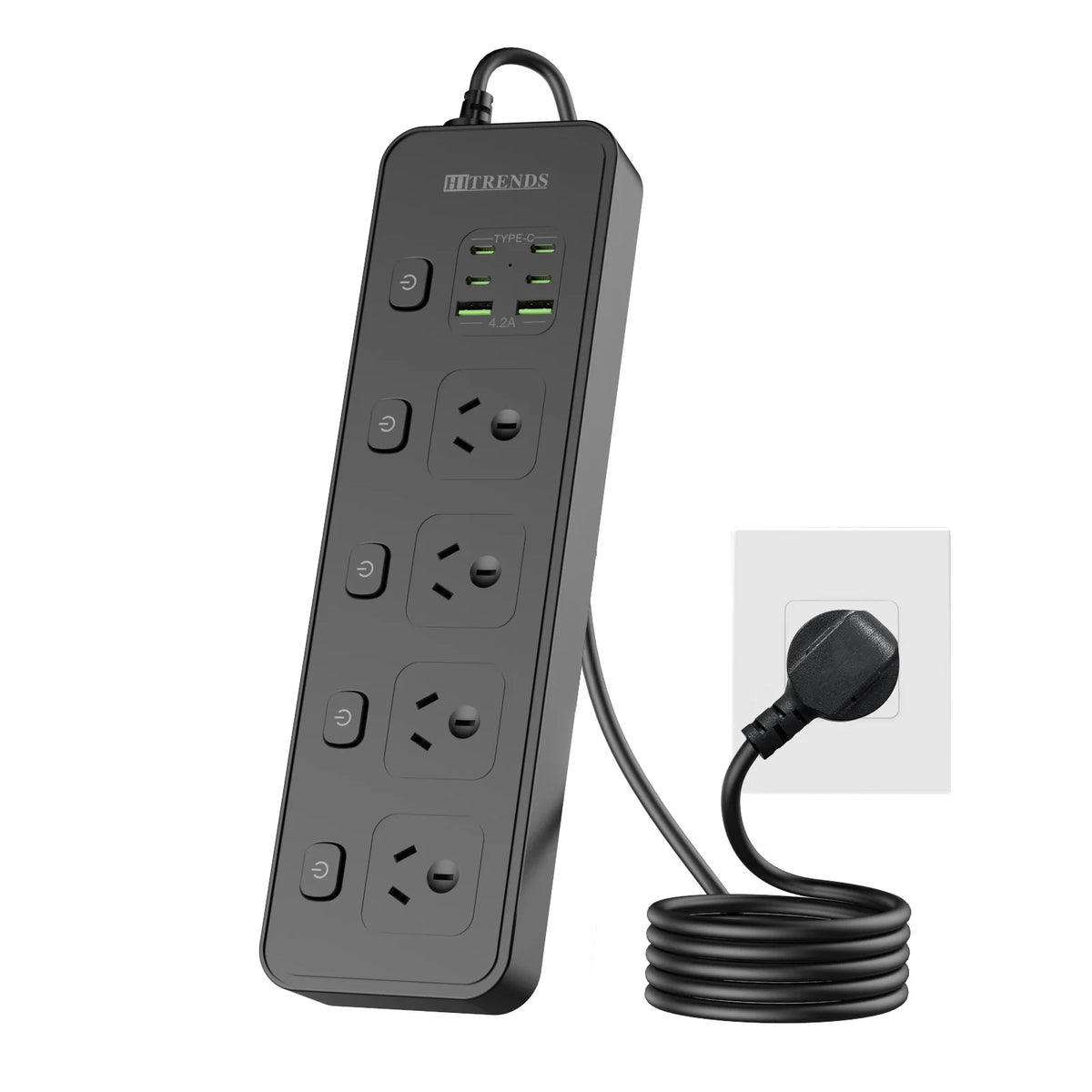 Australian Plug Multi-Functional Power Board 4 Power Sockets 2 USB-A and 4 Type-C Ports 100-250V Independent Switch 2m Cable