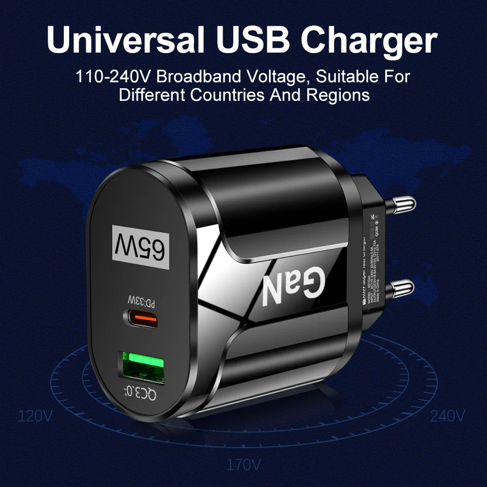 65W GaN USB C Charger Quick Charge Korea EU US Plug PD USB-C