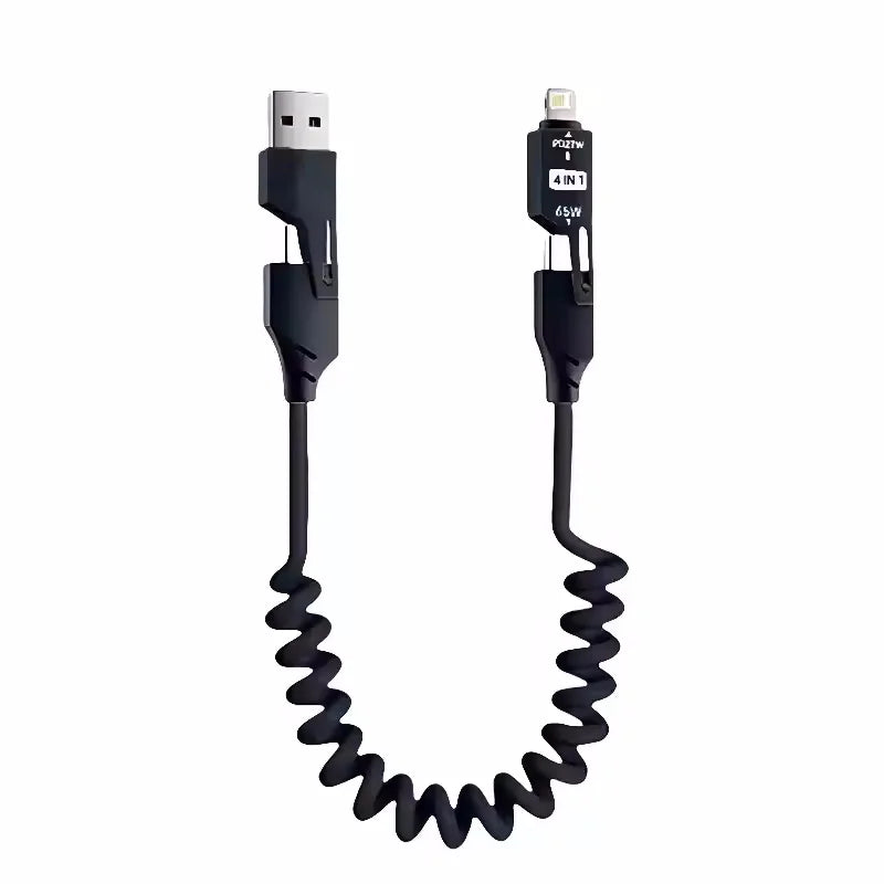 4 in 1 65W Spring Short Data Cable 6A USB Type C Spring Telescopic Quick Charger Wire Spring USB Cable for iPhone 15 14 13 12