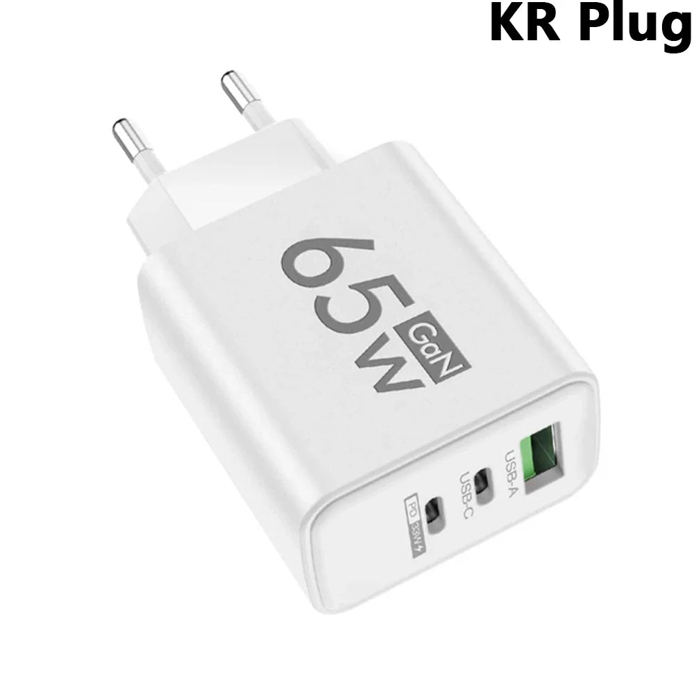 65W GaN USB C PD Fast Charger QC 3.0 Wall Adapter for iPhone 17 16 Pro Max Samsung Xiaomi Huawei EU US KR Plug Quick Charge 3.0