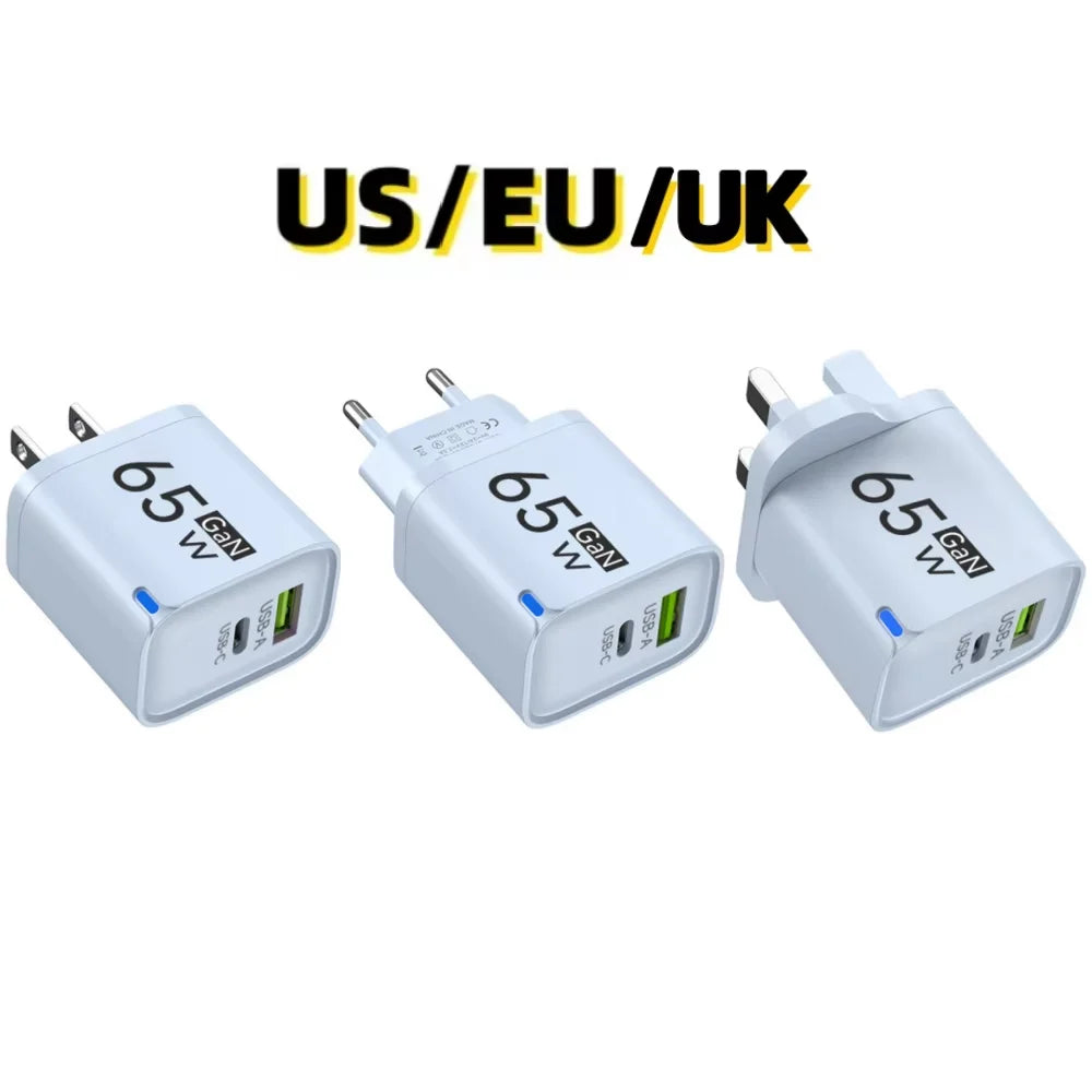 GaN 65W USB Type C Fast Charger 2 in 1 Portable Phone Wall C
