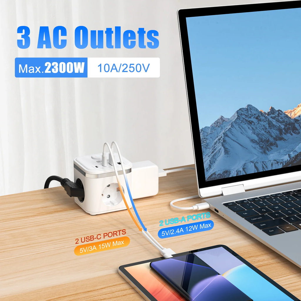 7-in-1 EU Multi-function Power Board Ultra-thin Flat Plug wi