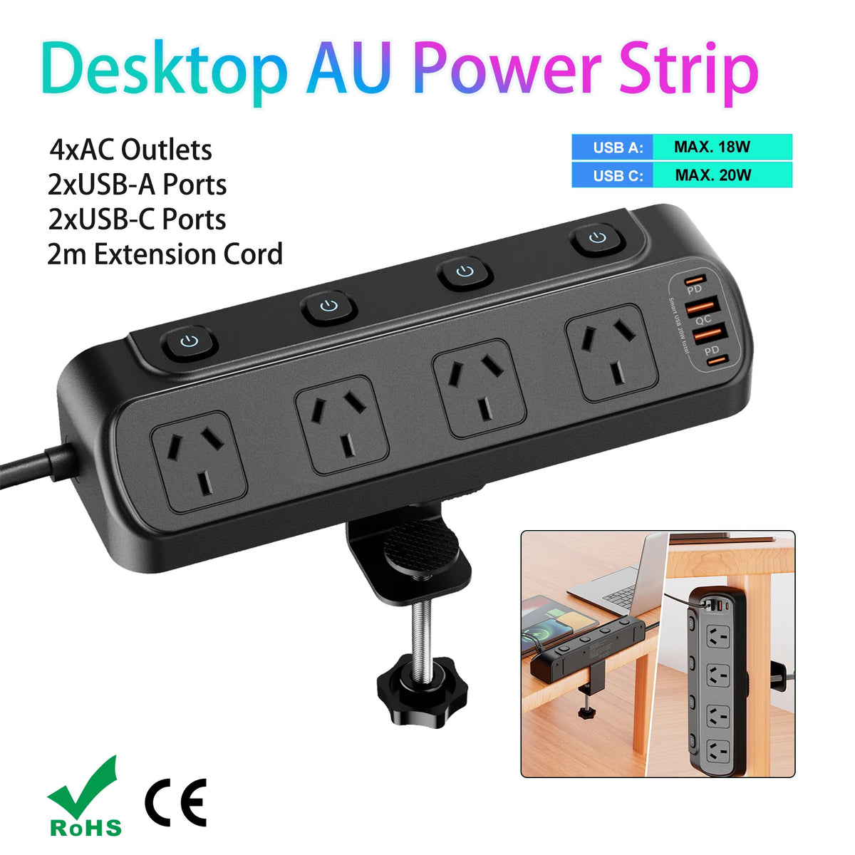 AU Plug Desk Clamp power board with 4 AC outlets 2 USB A and