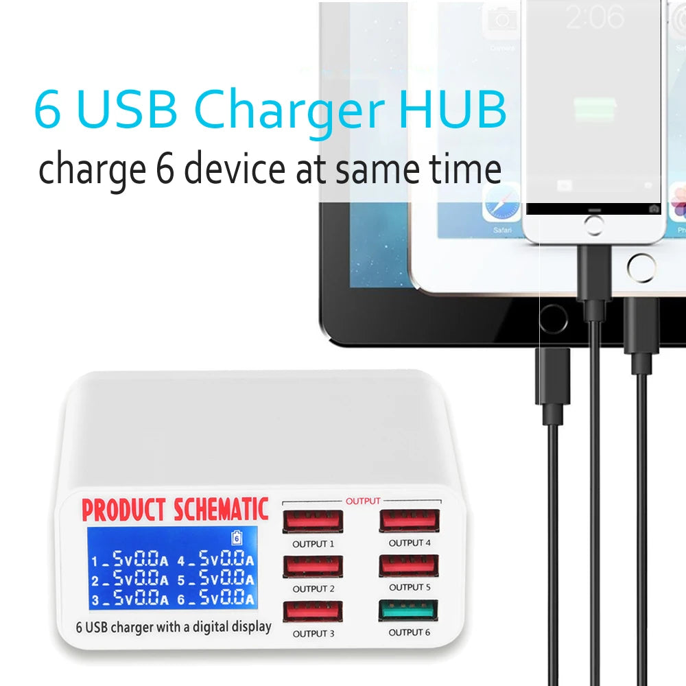 8A QC3.0 USB Charger with LCD Display 6 Ports Desktop Mobile