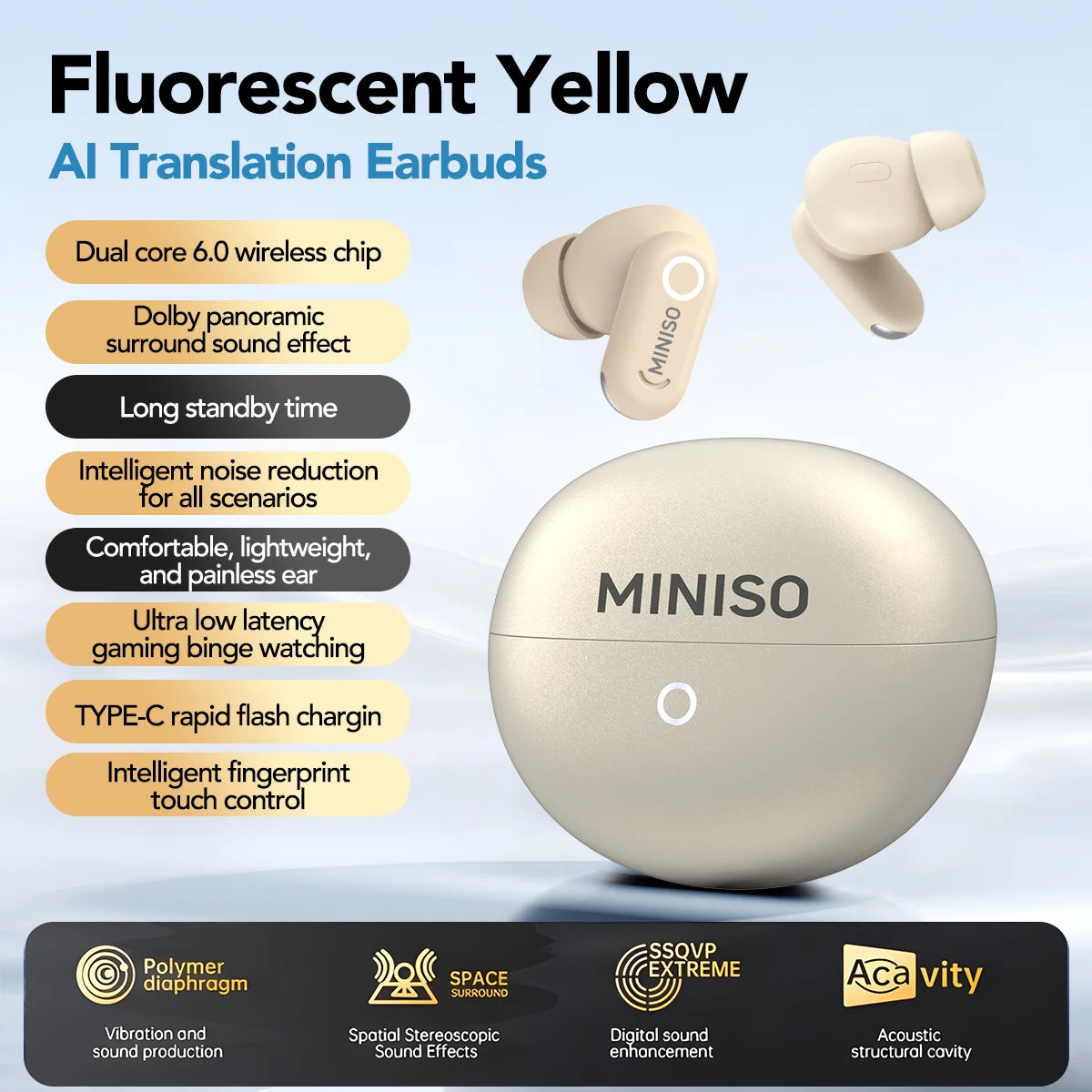 MINISO MS122 Wireless Bluetooth Earphones Stable Connection Headphones with Mic Noise Reduction Long Battery Life