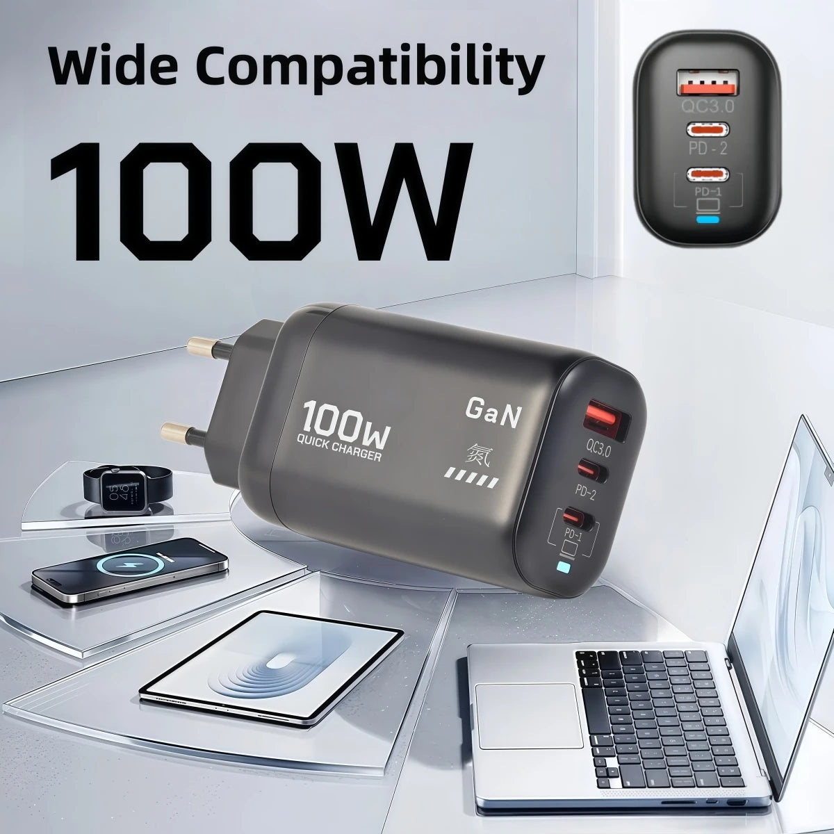 100W GaN PD Type C Charger USB QC 3.0 For Laptop Ipad PPS Fa