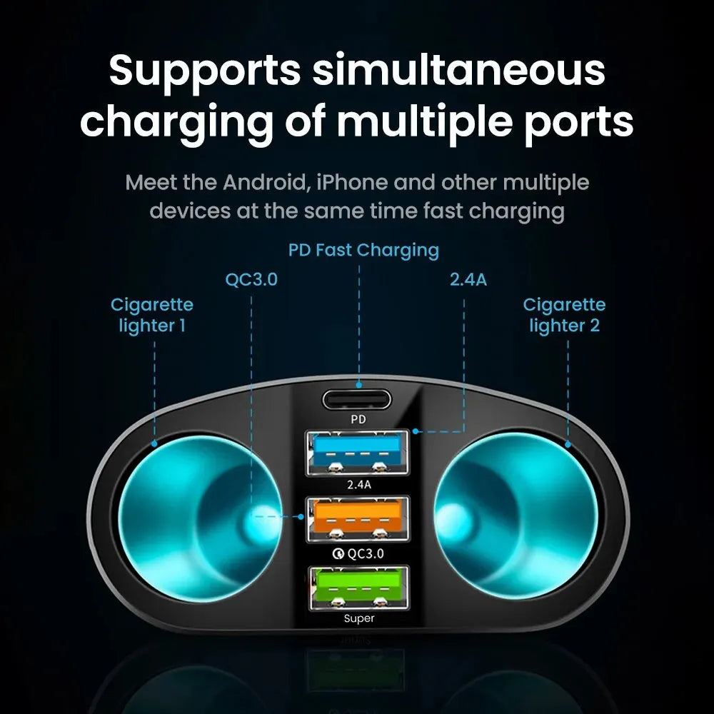 66W Fast Charging Car Charger QC3.0 Cigarette Lighter Multif