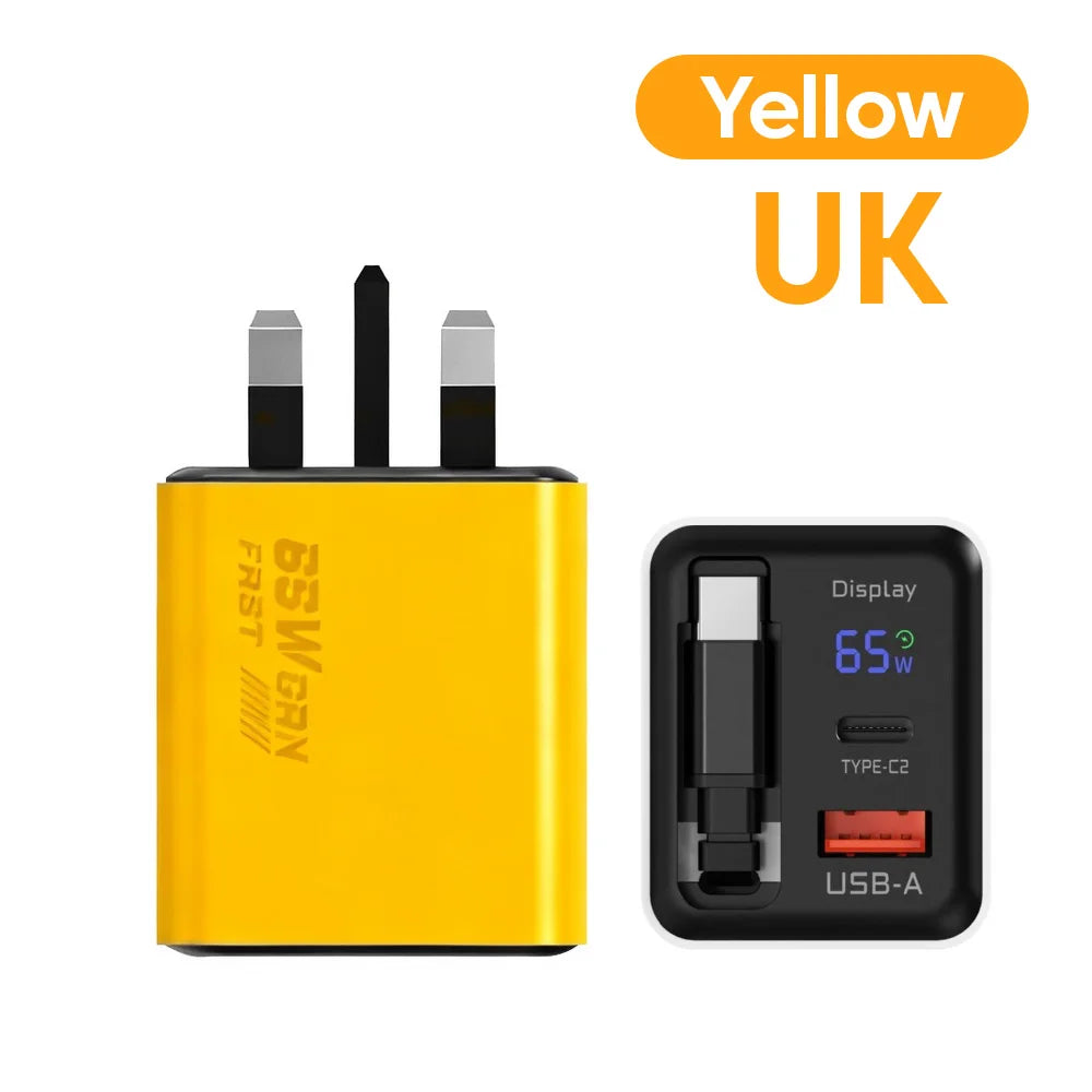 65W GaN USB Phone Charger With Retractable Type C Cable Super Fast Charge Charger Adapter For iPhone 17 Samsung Wall cargadores