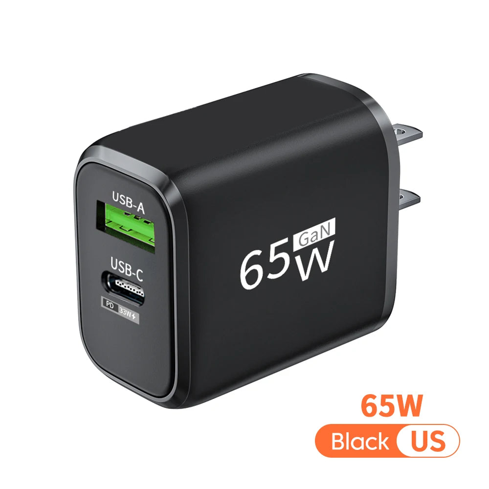2 in 1 USB C GaN Charger 65W Fast Charging Adapter 10A USB To Type C Data Cable PD + USB QC3.0 Charger for iPhone Samsung Xiaomi