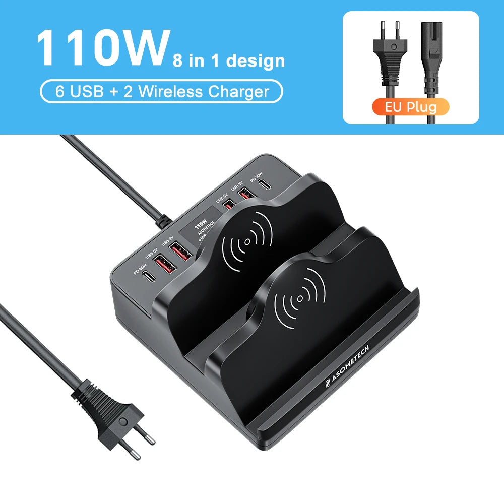 110W 6 Port USB Charger Station Dual Fast Wireless Charging Type C QC3.0 PD3.0 65W Quick Charge For iPhone Xiaomi Samsung Laptop