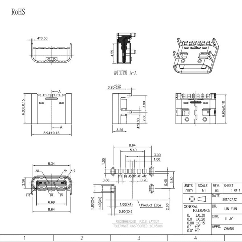 1-50PCS 6 Pin SMT Socket Connector Micro USB Type C 3.1 Fema