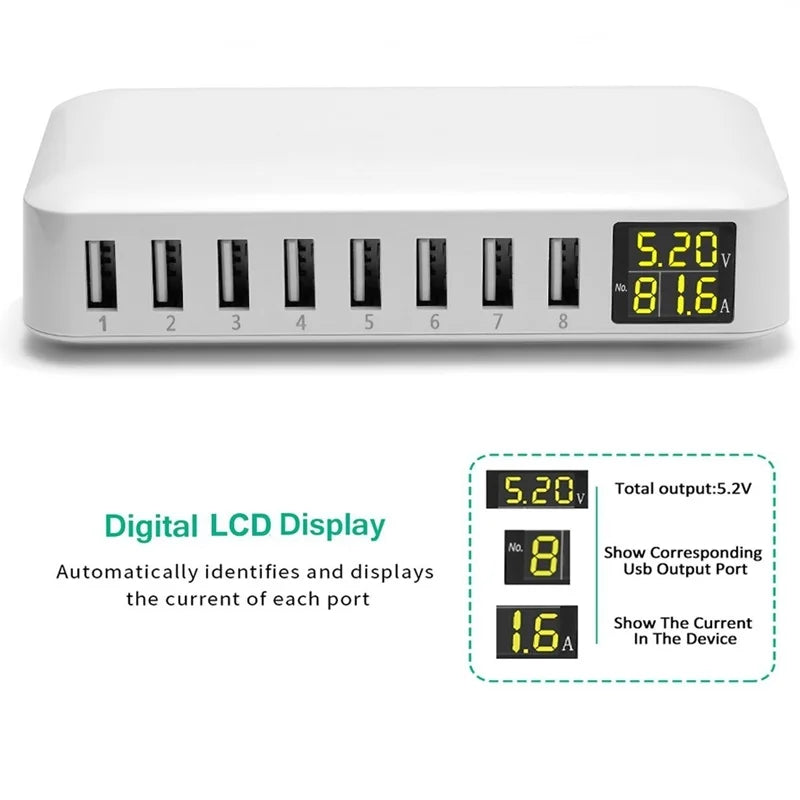 Multi 8 Port USB Fast Charger Desktop Phone Carregador LCD D