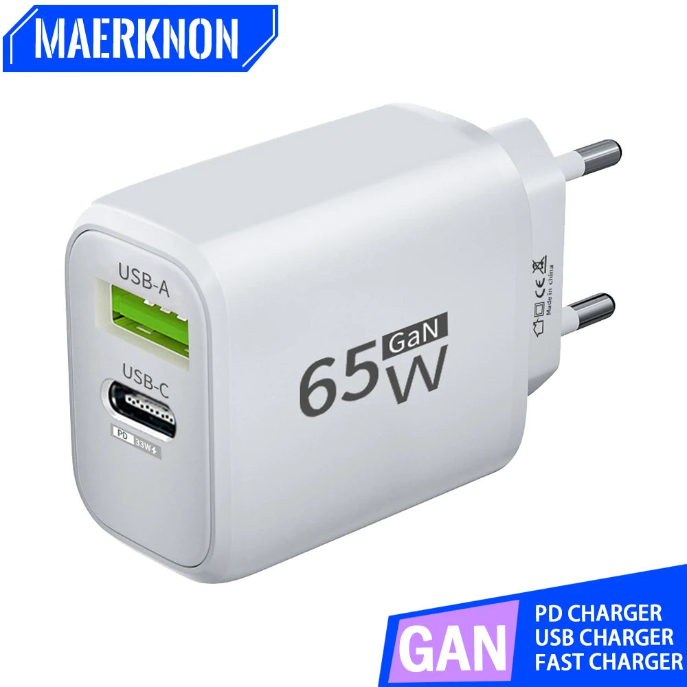 PD 65W GaN USB C Charger Dual Ports USB Type C Charger QC3.0