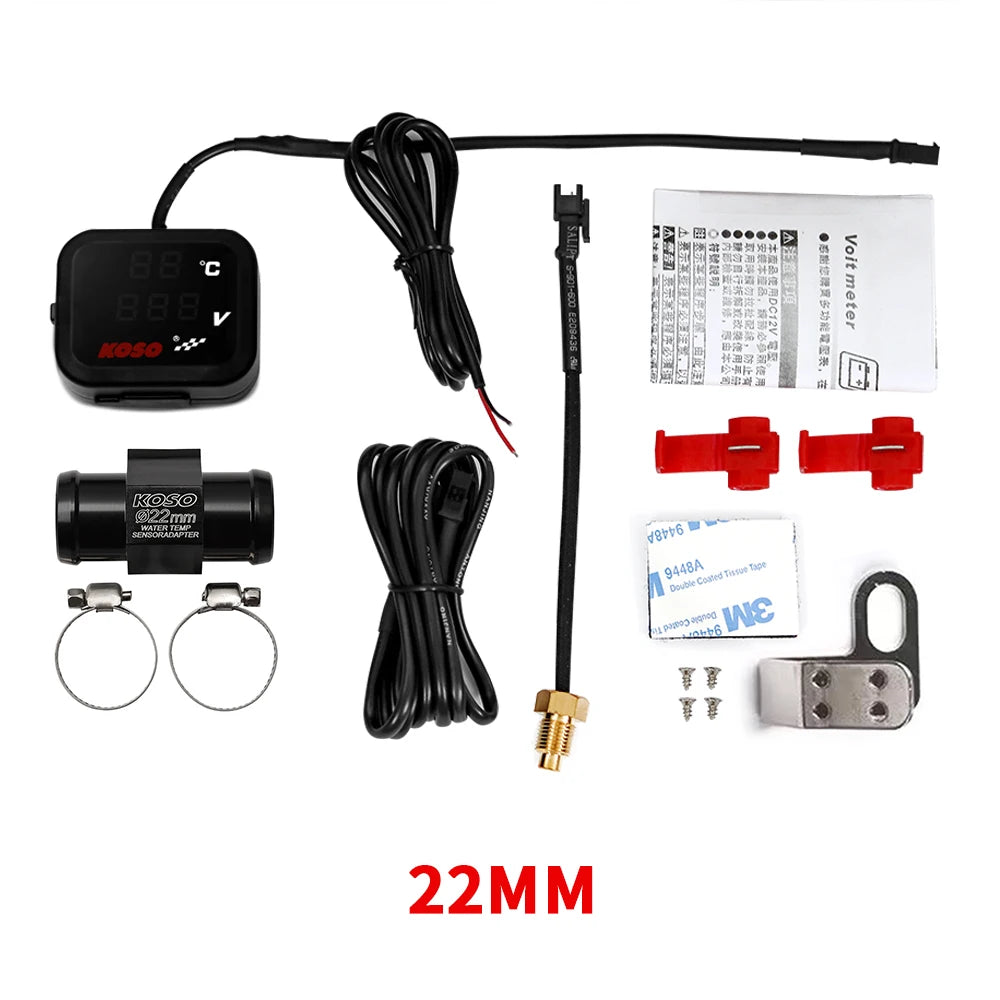 KOSO Water Temp Meter Voltmeter Gauge Motorcycle Phone USB Charger Charging 3 in 1 Waterproof LCD Digital Display
