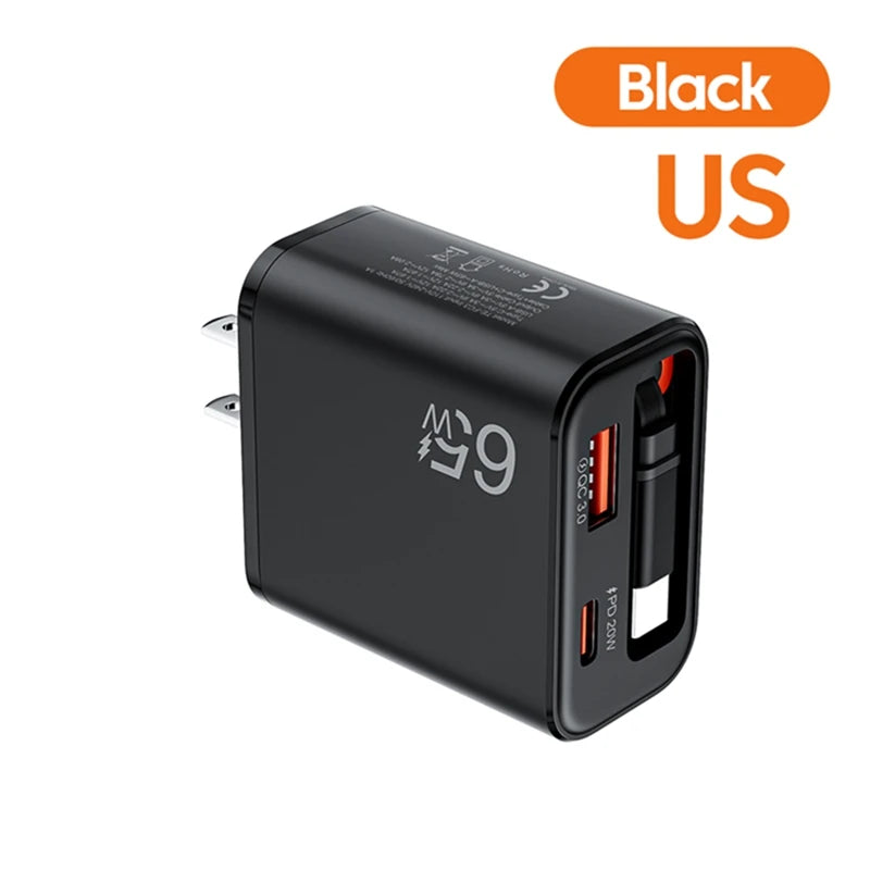New 65W Super Fast Charge Type C USB Phone Charger With Retractable USB C Cable For Iphone 17 16 15 Samsung POCO Xiaomi