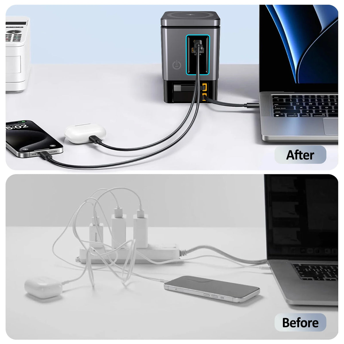 105W Dual Retractable Cable Multi-Port Desktop Charger 2-in-