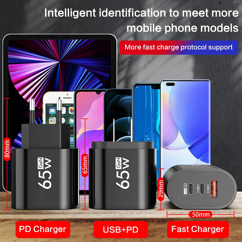 GaN 65W USB Type C EU/US Plug Charger Mobile Phone Power Ada