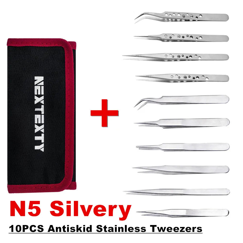 10Pcs Tweezers Set With Bag Industrial Electronic ESD Stainless Steel Anti-Static Precision Tweezer Kits Phone Repair Hand Tools