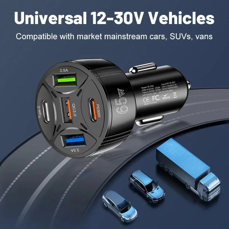 5 Port 65W USB Car Chargers Type C Car Charger Fast Charging