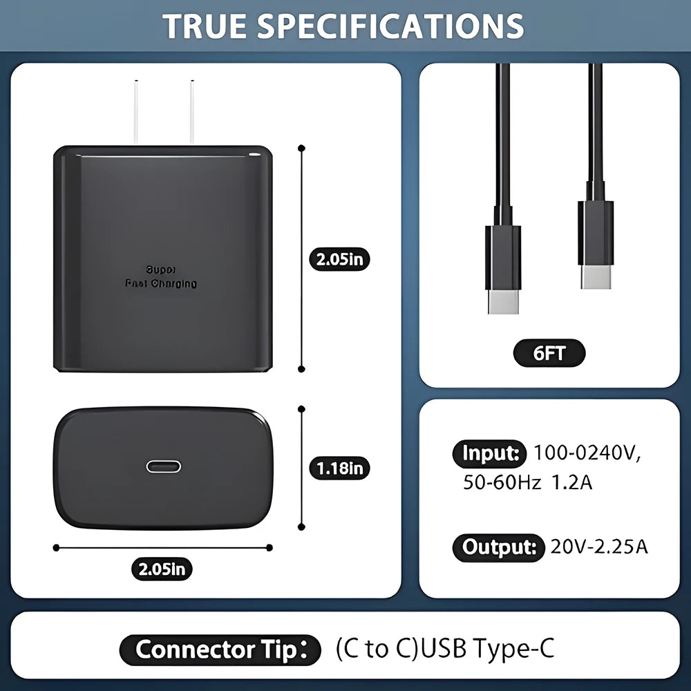 45W Super Fast Charger & USB-C Data Cable - Portable Adapter
