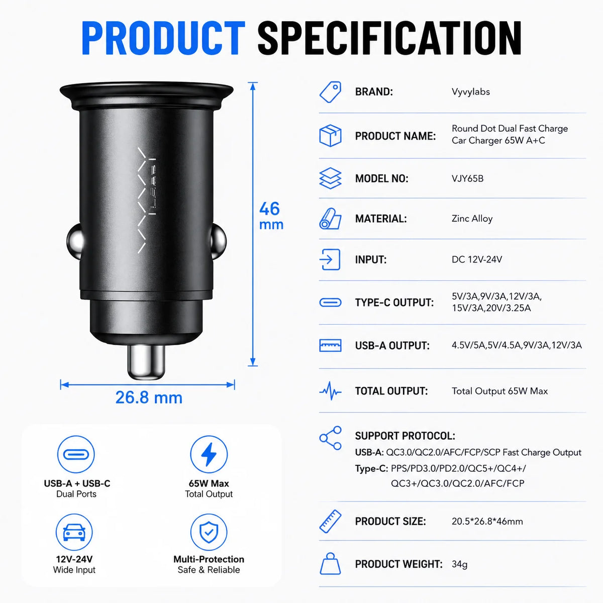 Vyvylabs 65W Car Charger Zinc Alloy Mini USB-A Type-C Fast C