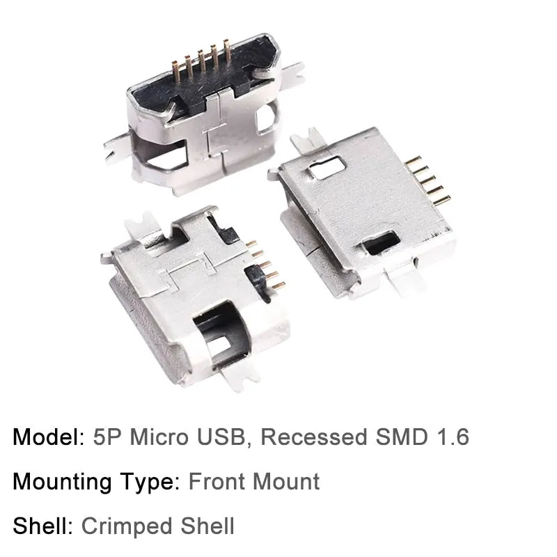 10PCS Micro USB Android Female Charging Socket Flat Edge Crimped Type 5Pin 4 Mounting Pins SMD & DIP Tail Connector