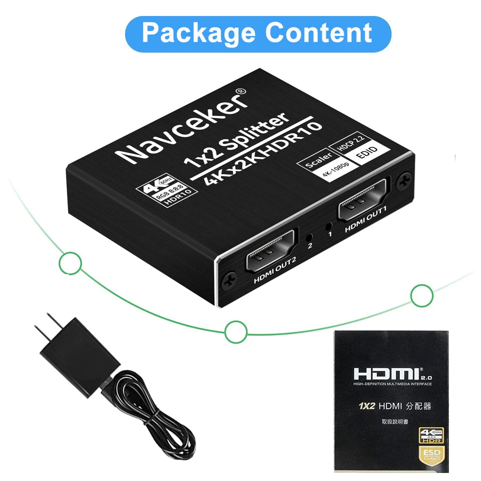 1x2 4K 60Hz HDMI-compatible Splitter 1 in 2 Out Video Distri