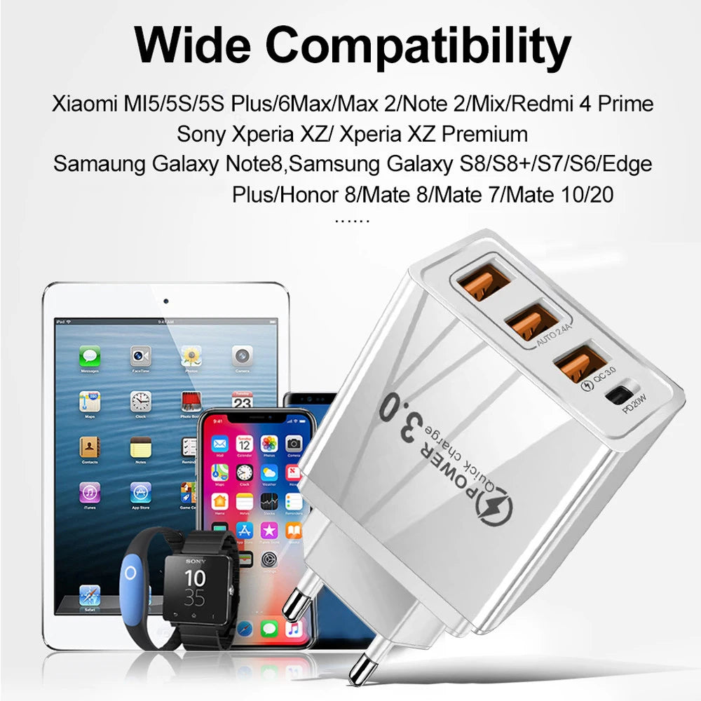 48W 3USB Fast Charger Type C QC 3.0 Portable Wall Charger PD